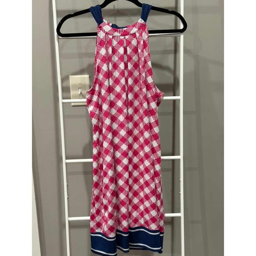 Mud Pie Pink White Navy Gingham Halter Dress  Size M Coastal Nautical Preppy‎